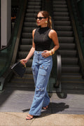 Calça Jeans Cargo Feminina Wide Leg Cintura Alta Brisé
